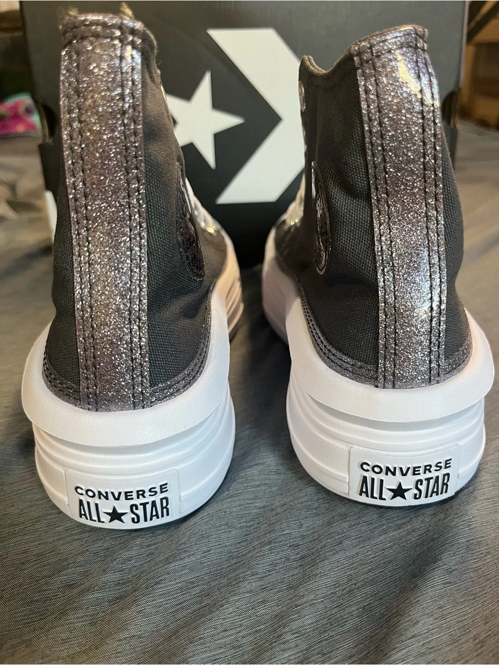 Converse High Top Platform Sneakers - Charcoal Gray & White silver glitter